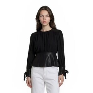 NEW Gracia Peplum Blouse Top Women's Size Large Black Faux Leather Tie Cuff
